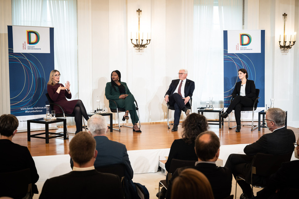Federal president Steinmeier, Alena Buyx, Aminata Touré and Laura Münkler in a panel discussion during 12th Forum Bellevue in Schloss Bellevue palace