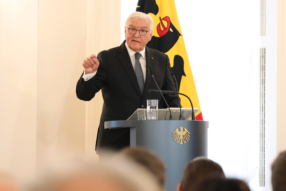 Federal President Frank-Walter Steinmeier gives a speech titled 'Strengthening everything that connects us' at an event with the Deutsche Nationalstiftung at Schloss Bellevue